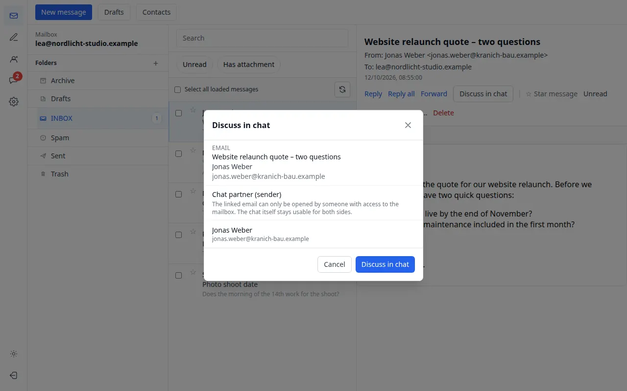 Webmail with an open email and the “Discuss in chat” action